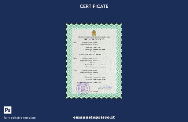 modello PSD del certificato di nascita dello stato di stato dello Sri Lanka in s